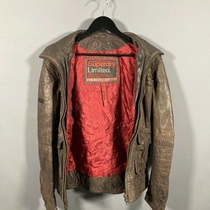 SUPERDRY LEATHER BOMBER TARPIT MOTO NJacket - Medium - Brown -